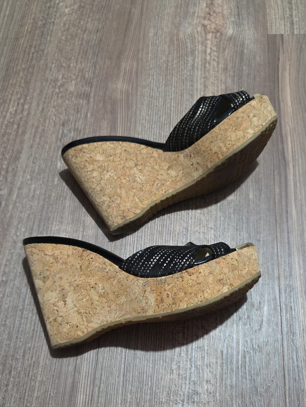 Jimmy Choo Black Cork Wedge Sandals with Metallic Accents